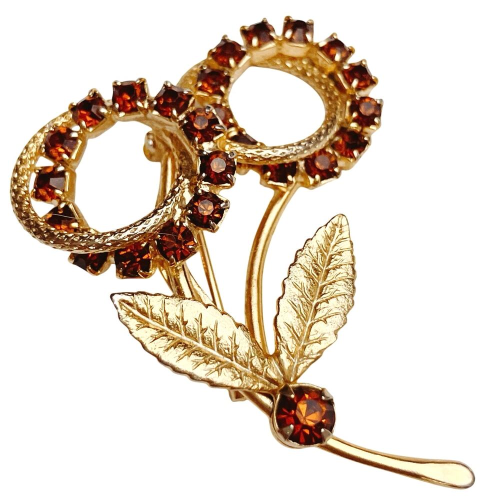 Mid Century Gold Tone Floral Brooch Amber Rhinestone Prong Set 50s Eternity Pin